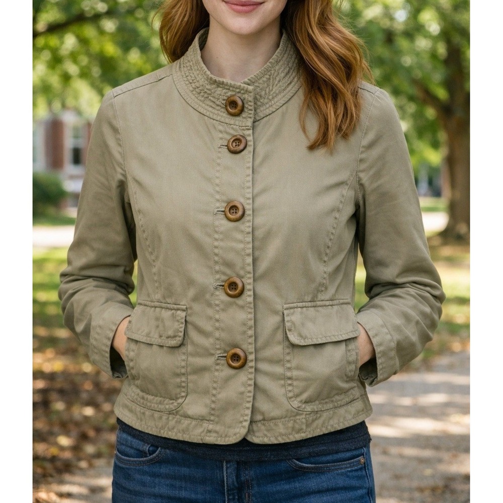 J.Crew Classic Twill Chino Jacket Khaki Olive Cropped Military Style Size 2